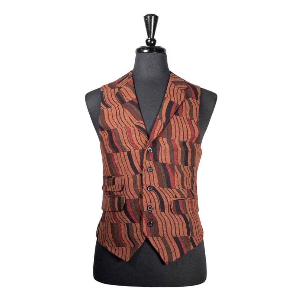 Mens 40R Wool Vest Brown Red Green Abstract Waistcoat Formal Wedding Groom Party